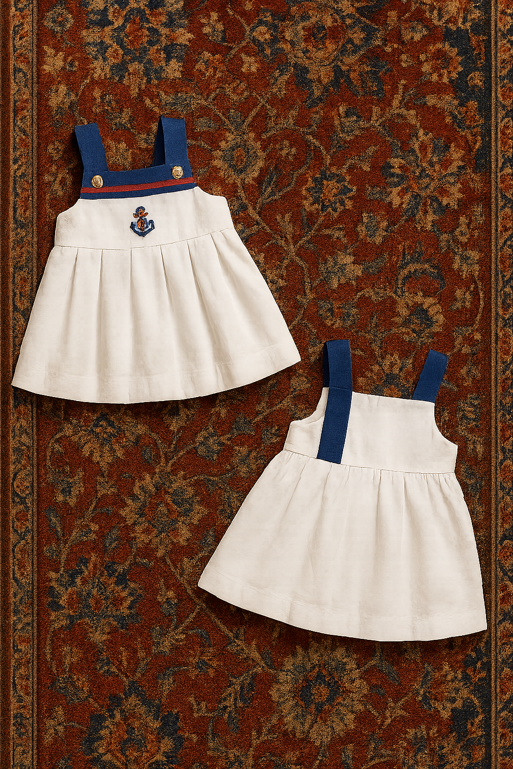 Anchors Aweigh Pinafore – Ivory & Navy with Crest (3–6M)
