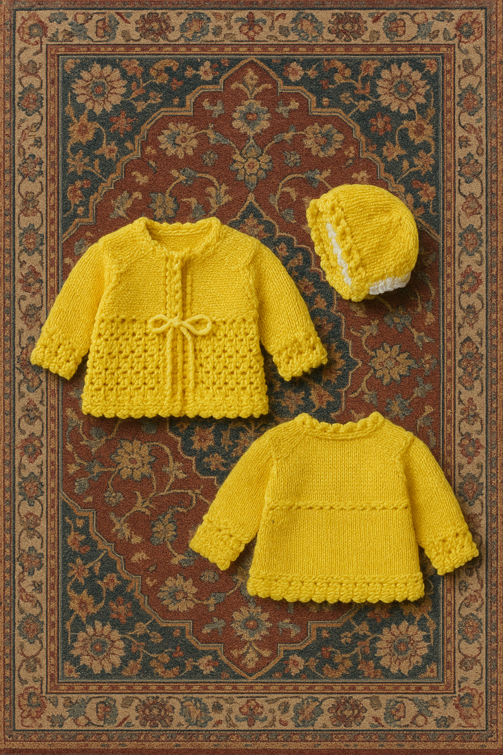 “Golden Hour Bloom” Cardigan & Bonnet Set