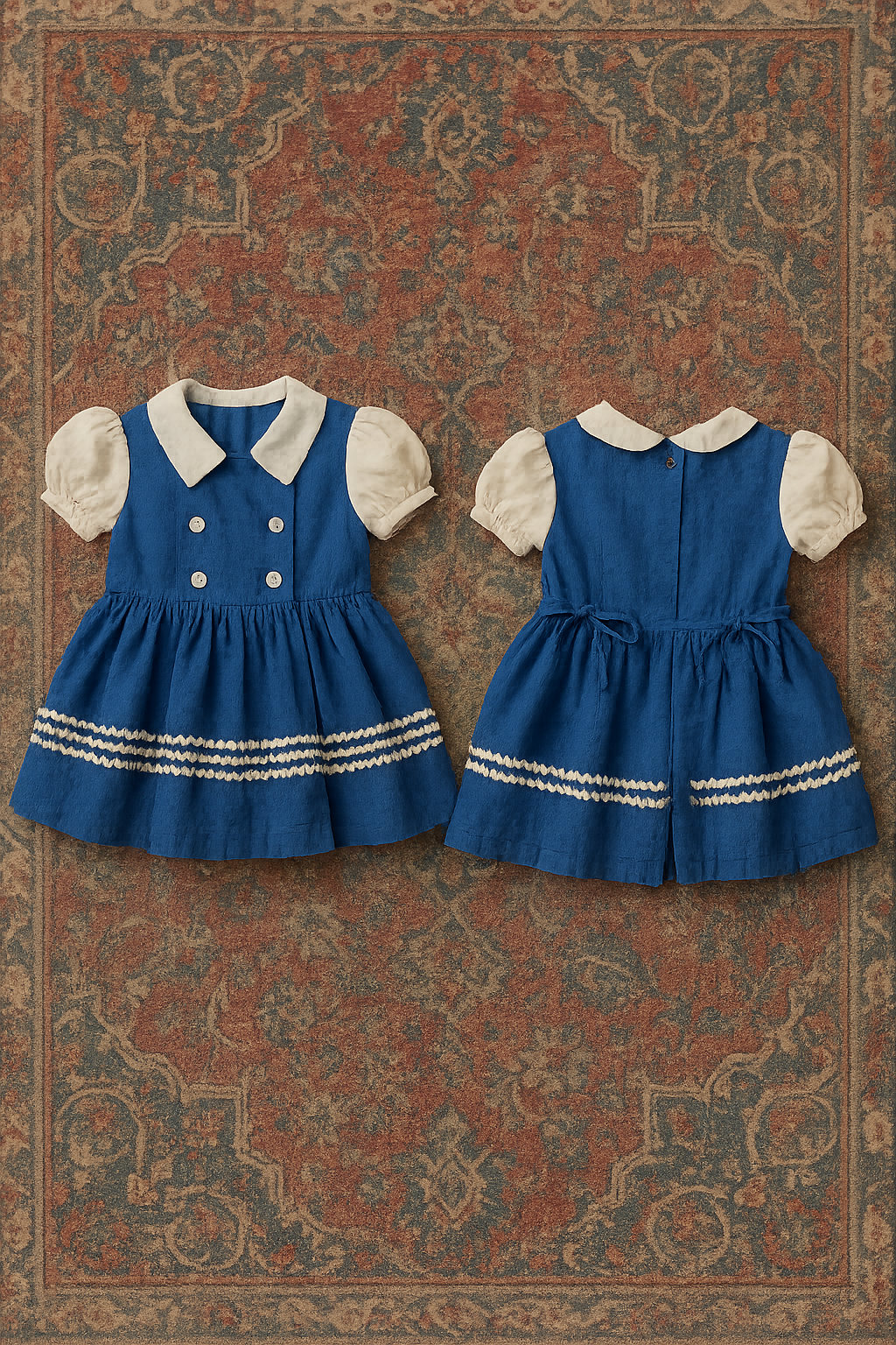 Blue Bay Ripple Dress – Puff Sleeves & Ric Rac