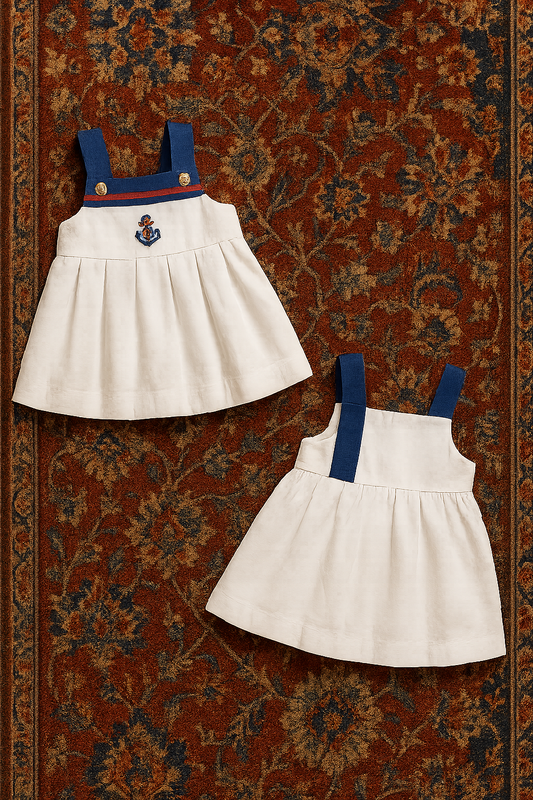 Anchors Aweigh Pinafore – Ivory & Navy with Crest (3–6M)