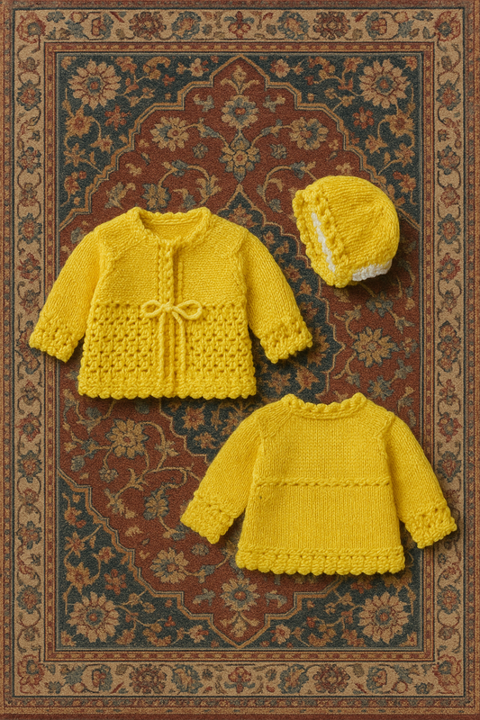 “Golden Hour Bloom” Cardigan & Bonnet Set