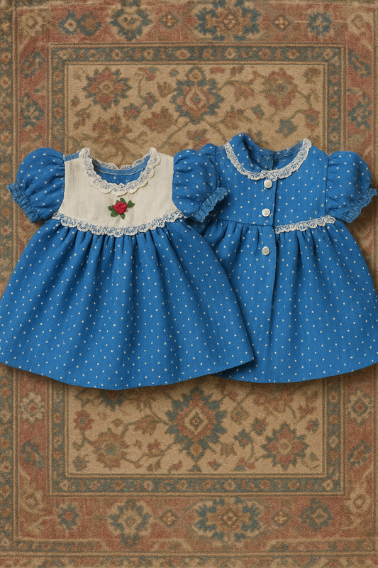 Vintage Blue Gingham Sister Dress Set (0–3 Months)