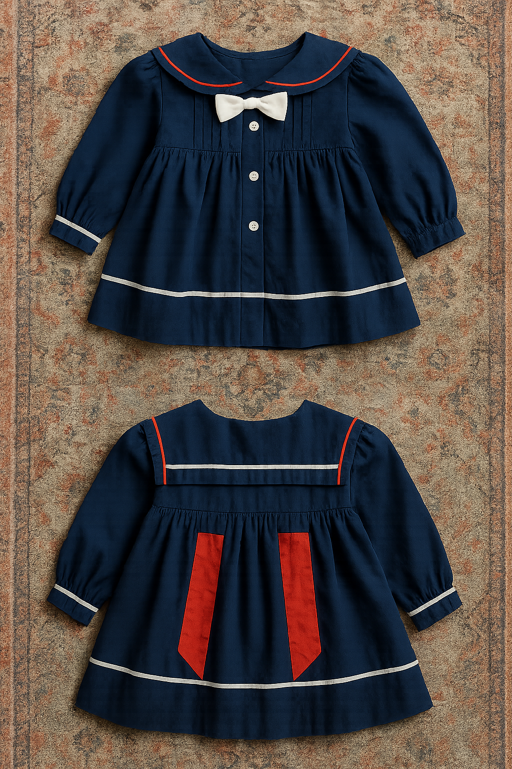 Night Harbor Sailor Dress – Navy, Red Piping & Bow (6–9M)