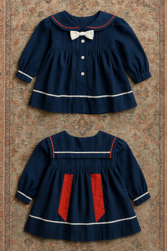 Night Harbor Sailor Dress – Navy, Red Piping & Bow (6–9M)