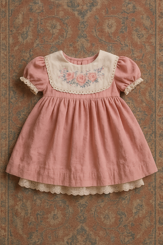 Blush Cameo Rose Dress – Embroidered Bib & Lace Hem